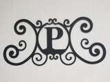 Monogram Initial Letter Wrought Iron Metal Scrolled Door Wall Decor 24" x 11"